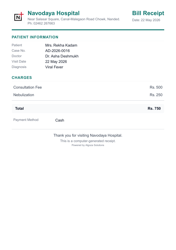 English OPD bill receipt generated from demo Billing data with line items and payment method