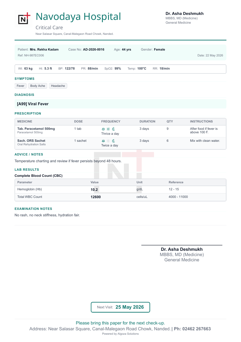 English prescription generated from demo Consultation data with vitals, diagnosis, medicines, and Lab results