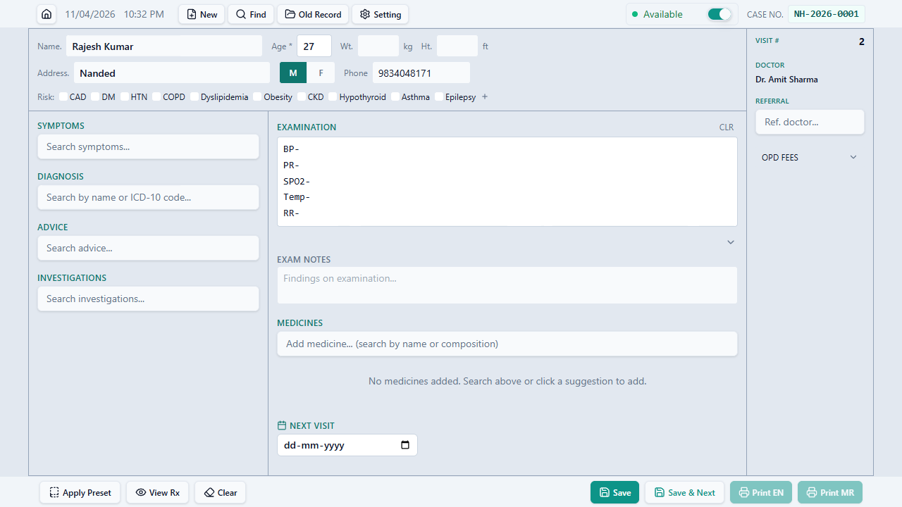 Consultation form with diagnosis and prescription entry