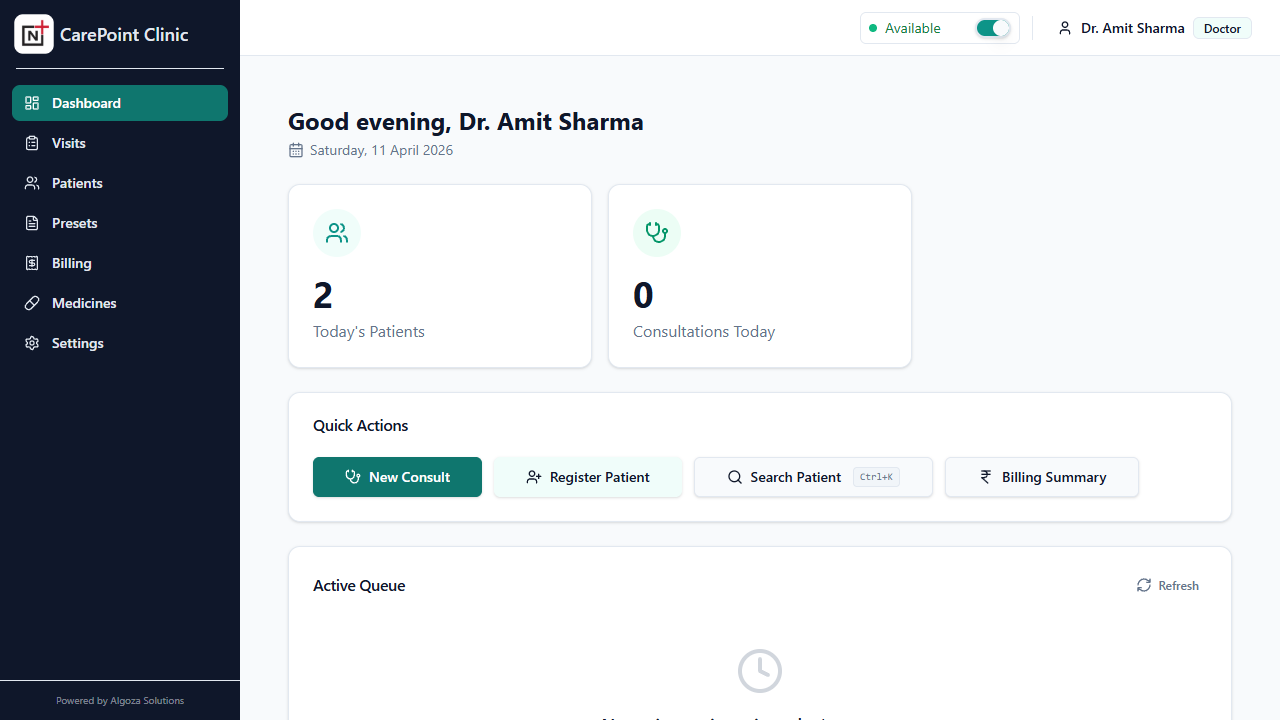 Doctor dashboard showing today's patient queue