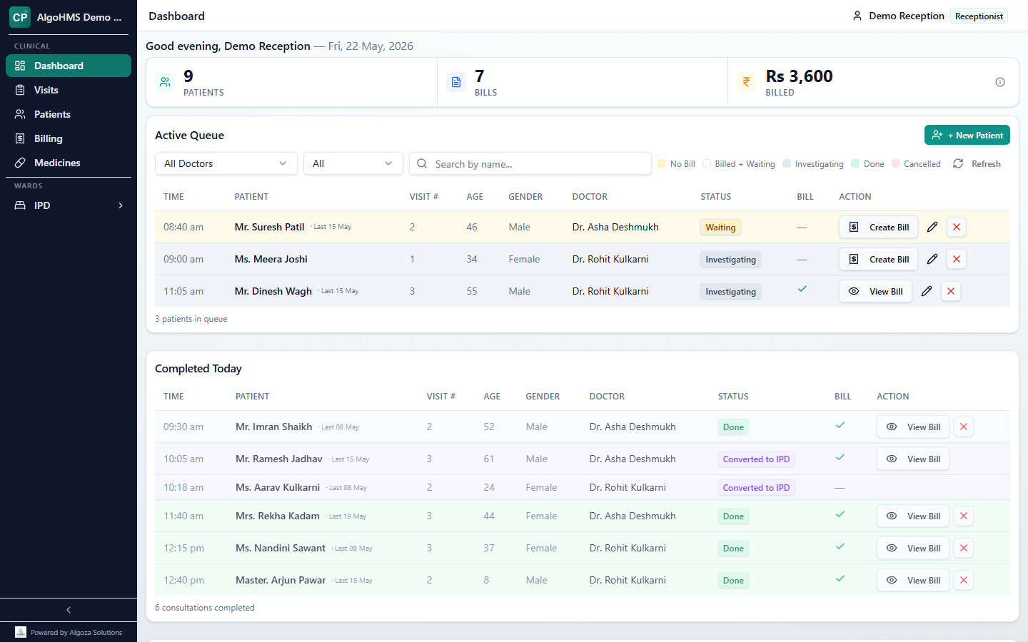 Reception Dashboard showing today's Queue, completed visits, and Billing shortcuts