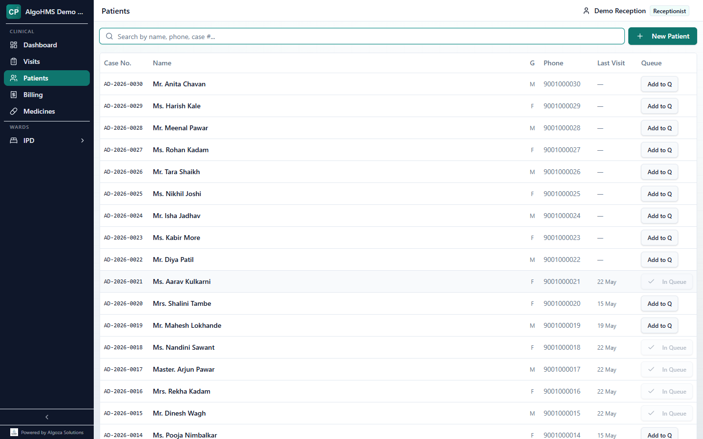 Reception patient search page with patient records and quick registration action