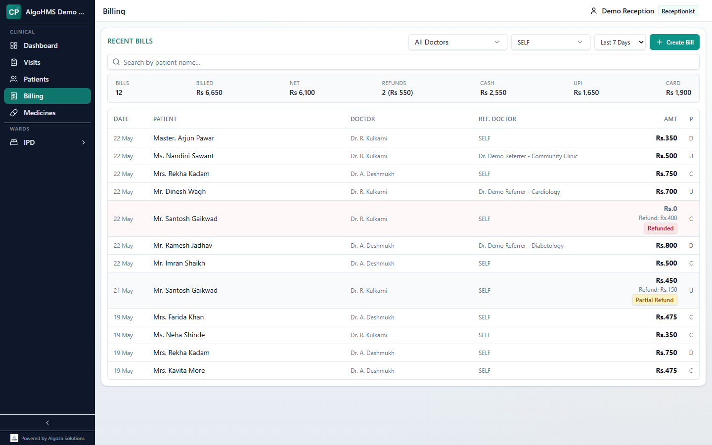 OPD Billing page with collection totals, payment methods, and recent bills