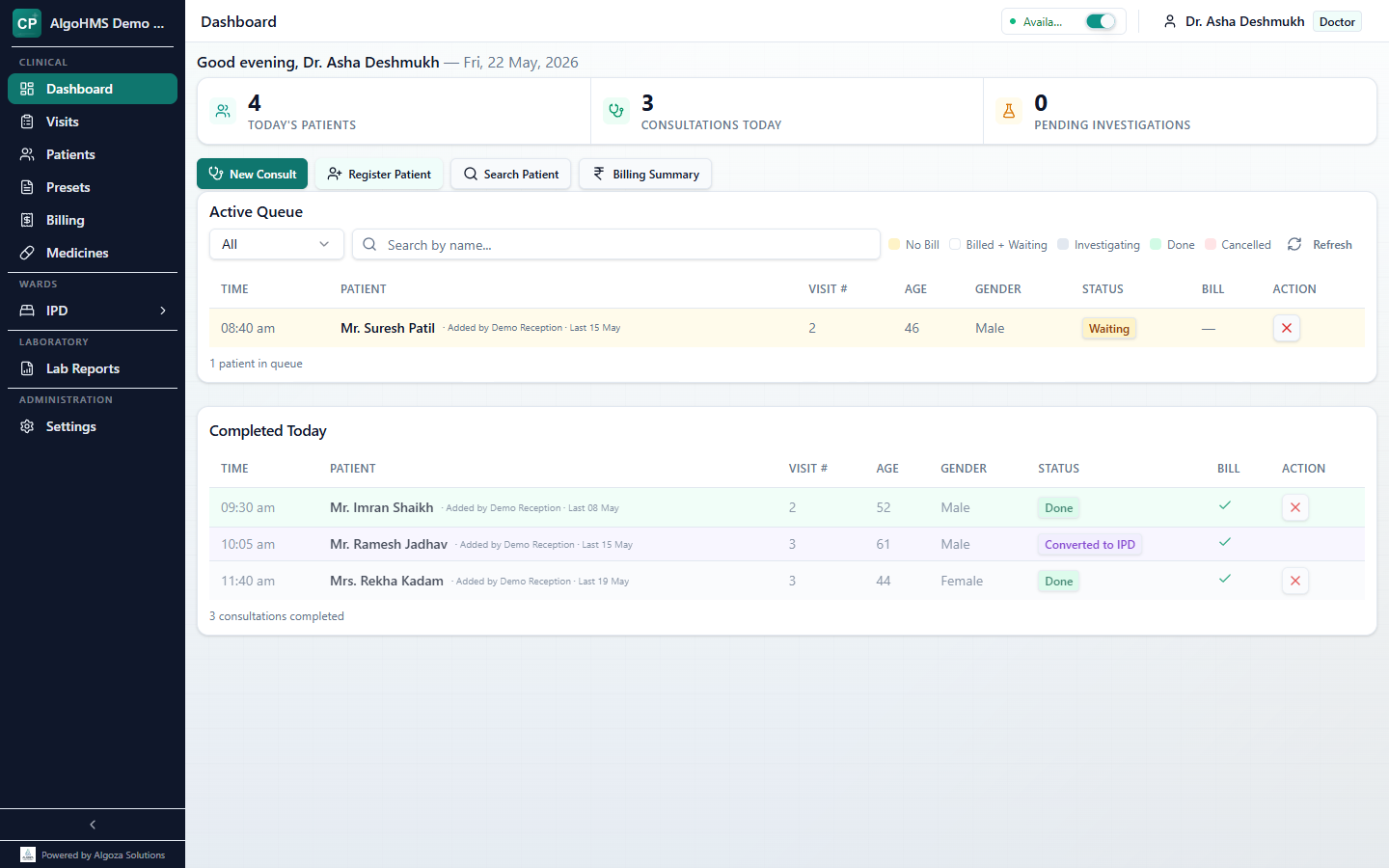 Doctor Dashboard showing active Queue, completed Consultations, and pending investigations