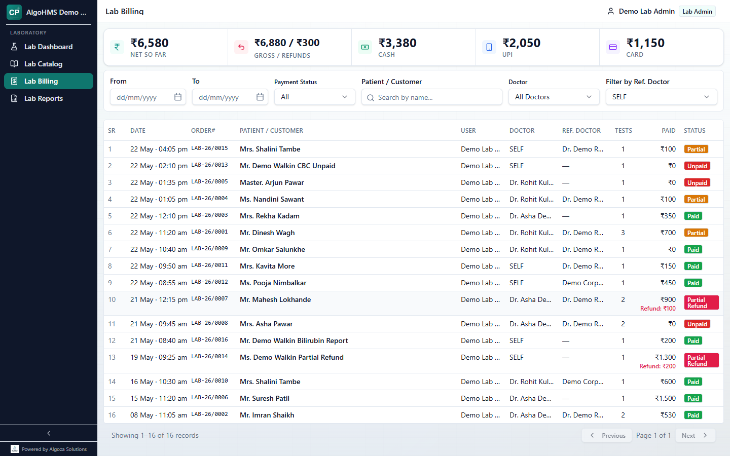 Lab Billing page with collection totals, payment filters, and Lab Bill rows