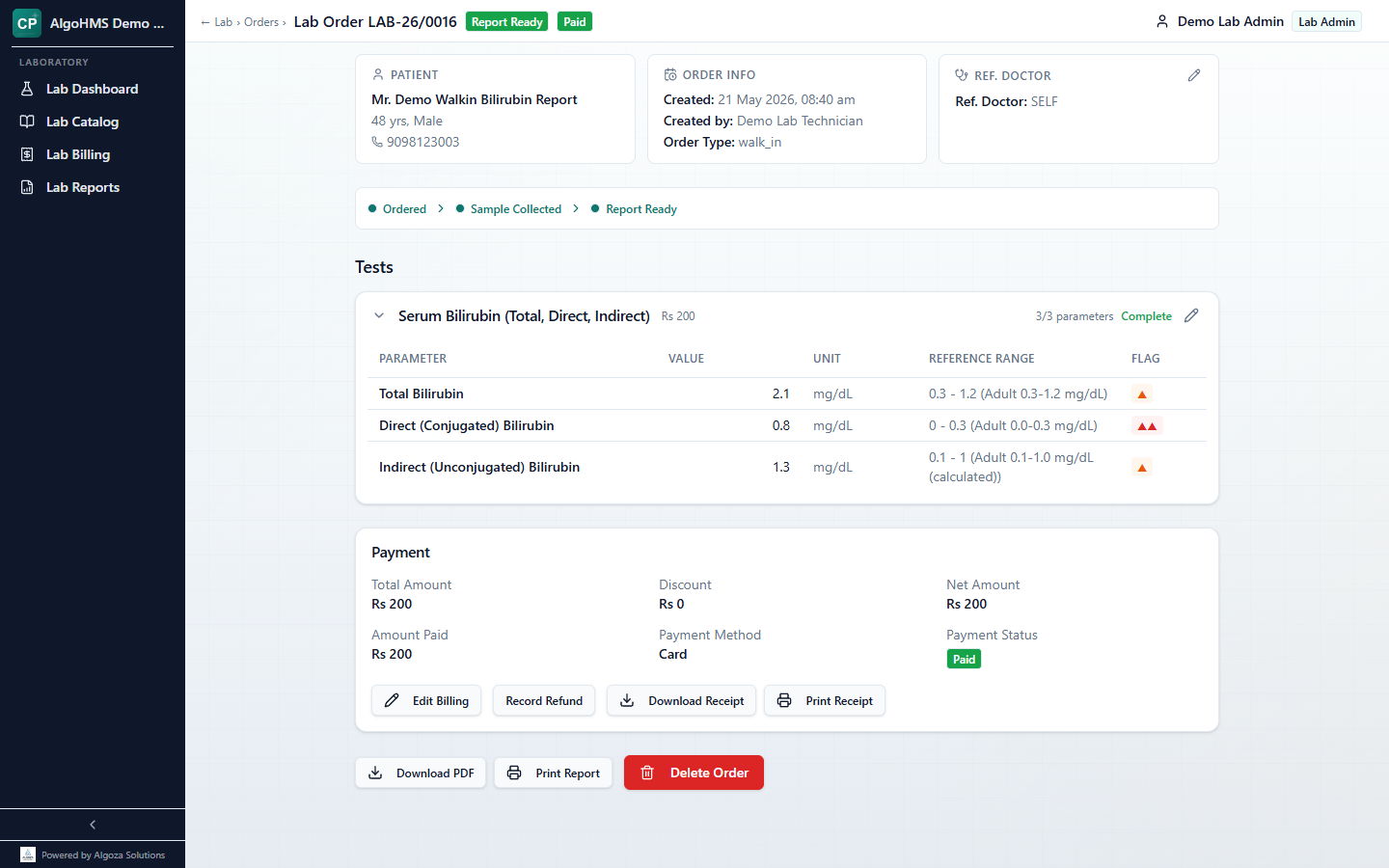 Lab Order Detail showing patient details, payment status, abnormal results, and Report actions