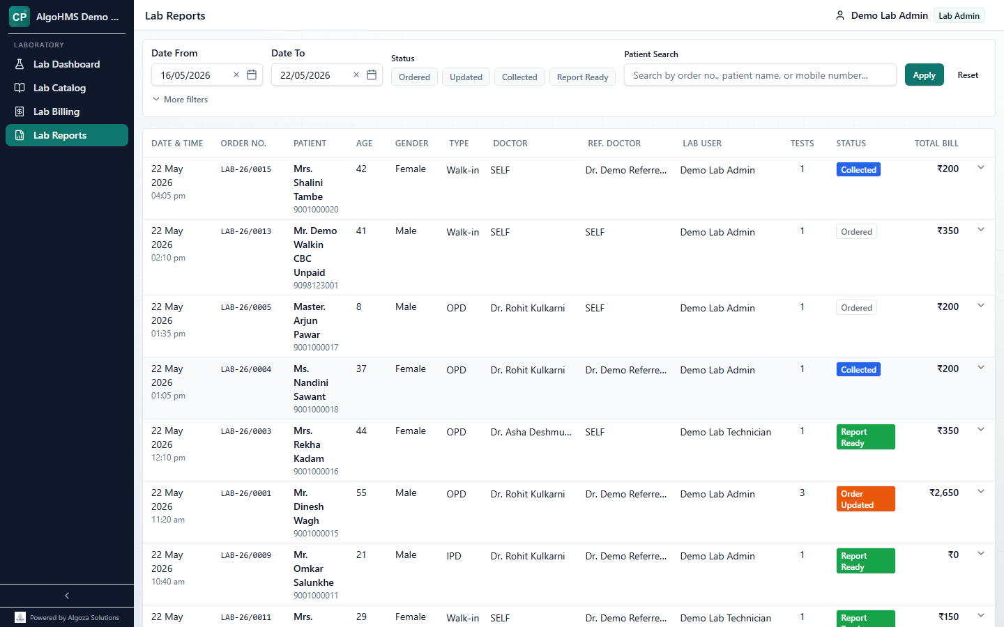 Lab Reports page with filters, order numbers, patient details, test counts, and Report statuses