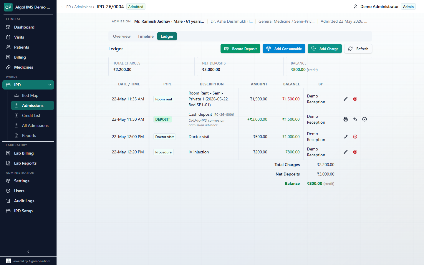 IPD admission ledger with charges, deposits, room rent, procedure charges, and running balance