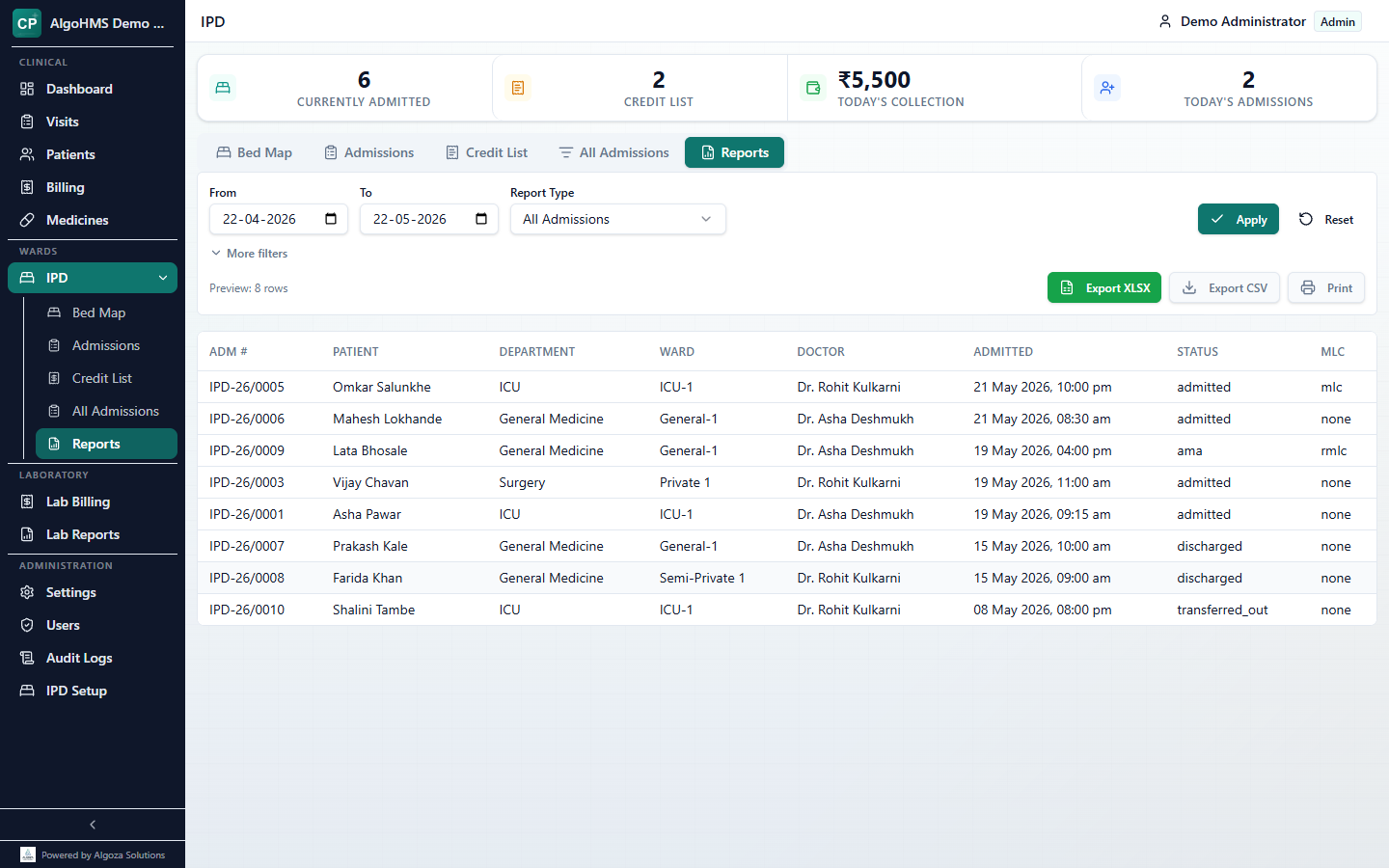IPD Reports page with date range filters, export actions, and Admissions Report rows