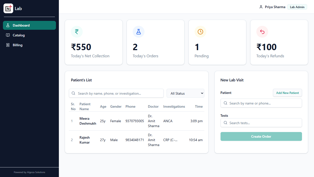 Lab dashboard showing test worklist