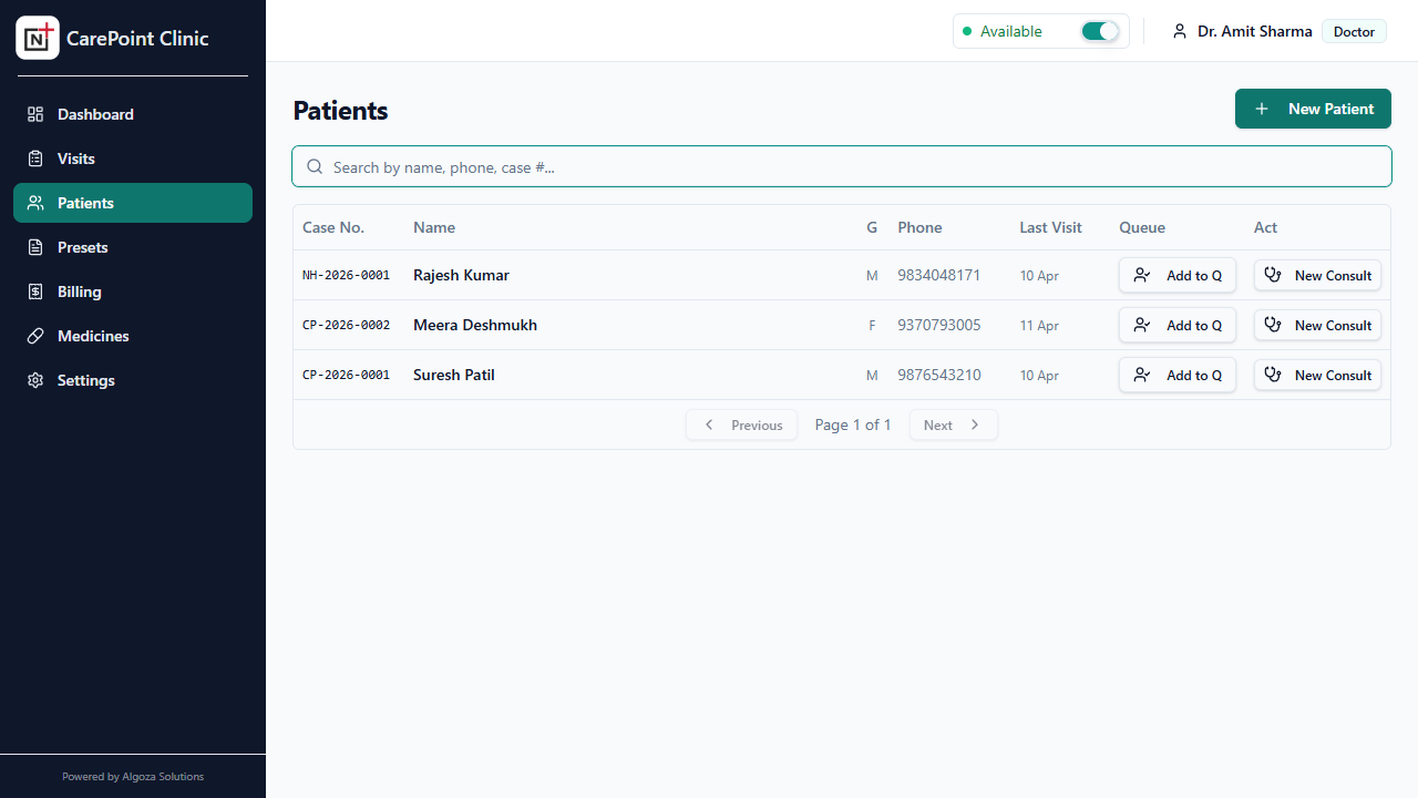 Patient records list with search